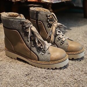 Stylish Tan and Gray Lace-Up Boots